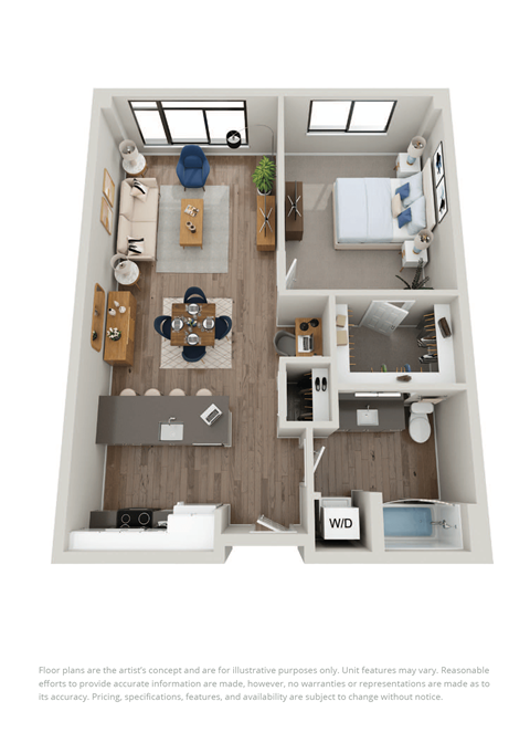 Floor plan for 1 bed, 1 bath, 724 sqft